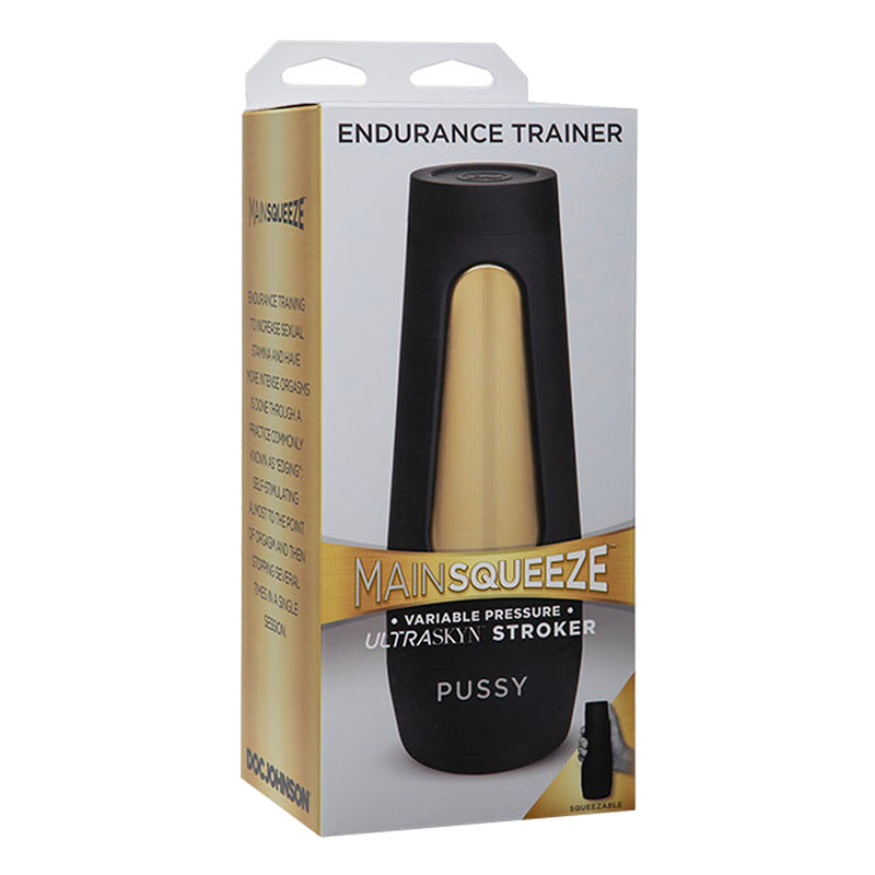 Male Stroker Sex Toy - Doc Johnson Stroker - package front in grey and gold color 