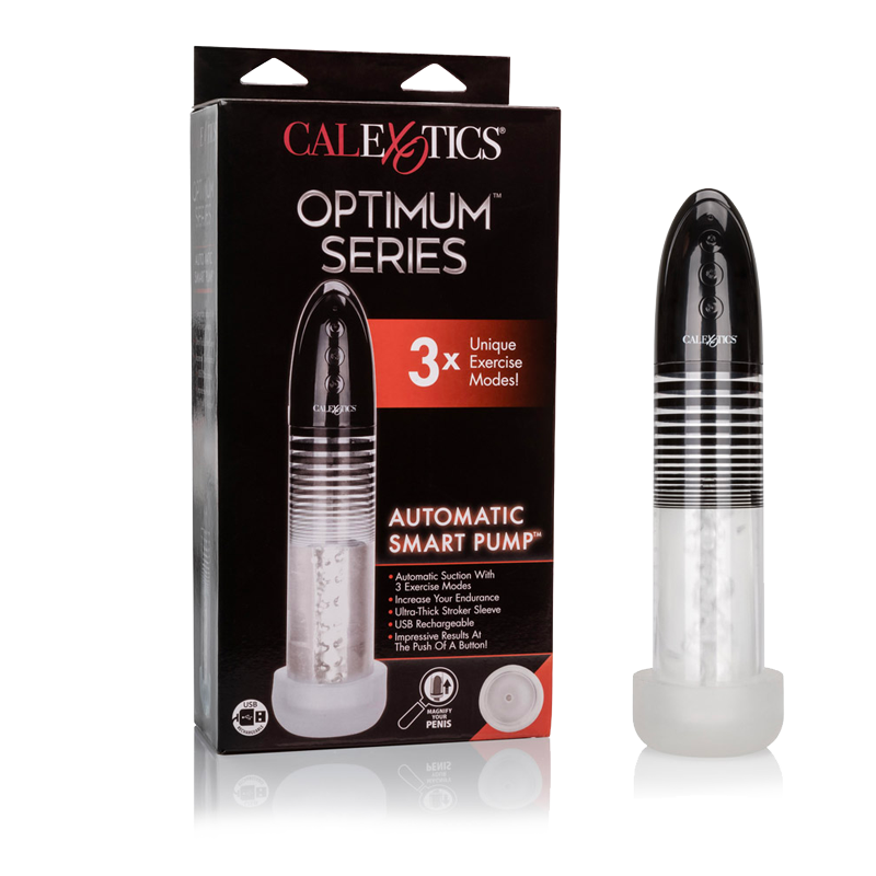 penis pump stroker by calexotics black and transparent next to its package